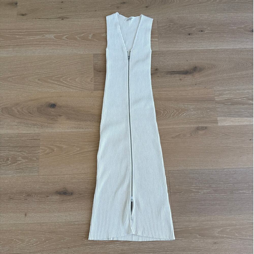 Jill Sander Rib Knit Midi Dress V Neck Size 32 Ivory Beige